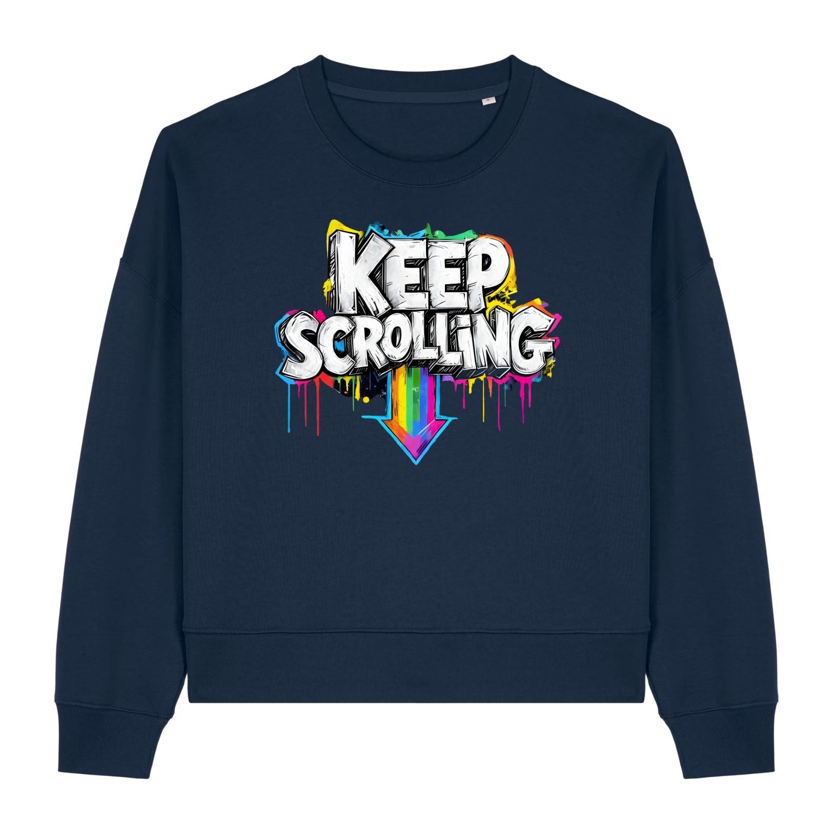 Stanley/Stella Navy blue sweatshirt with 'KEEP SCROLLING' text and colorful design on a white background