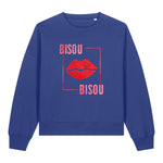 Blue sweatshirt with red lips and 'Bisou Bisou' text on a white background