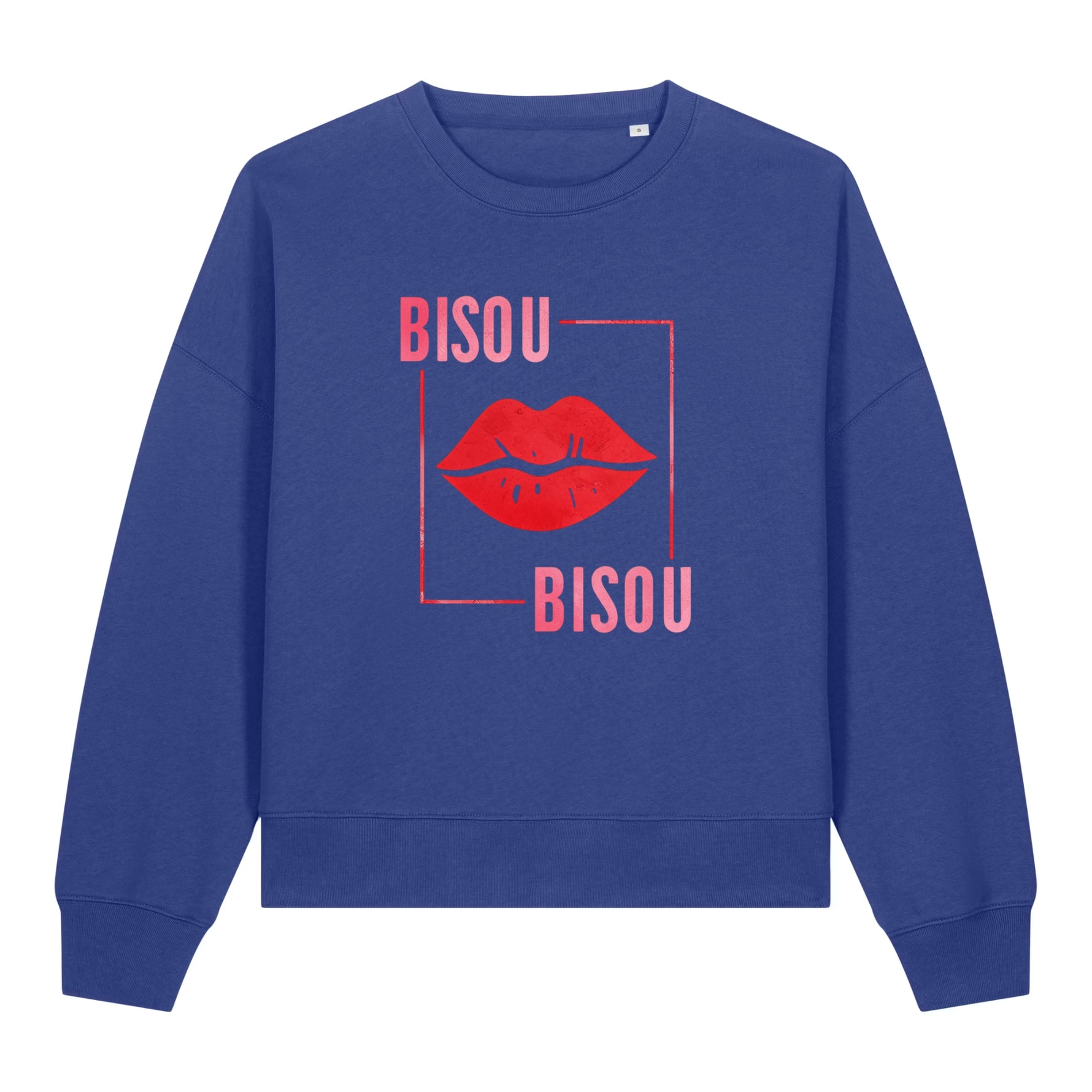 Blue sweatshirt with red lips and 'Bisou Bisou' text on a white background