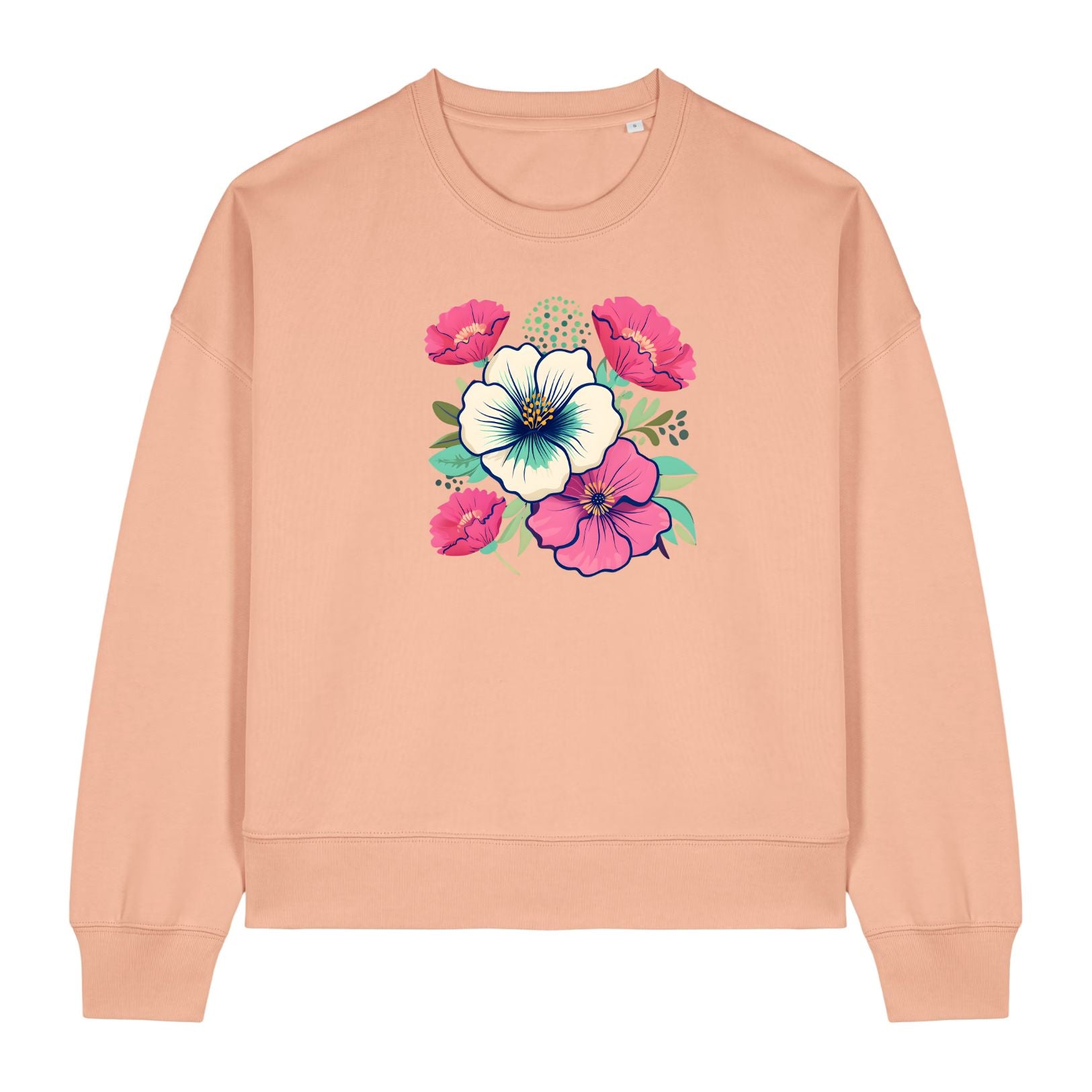 Stanley/Stella Peach-colored sweatshirt with floral design on a white background