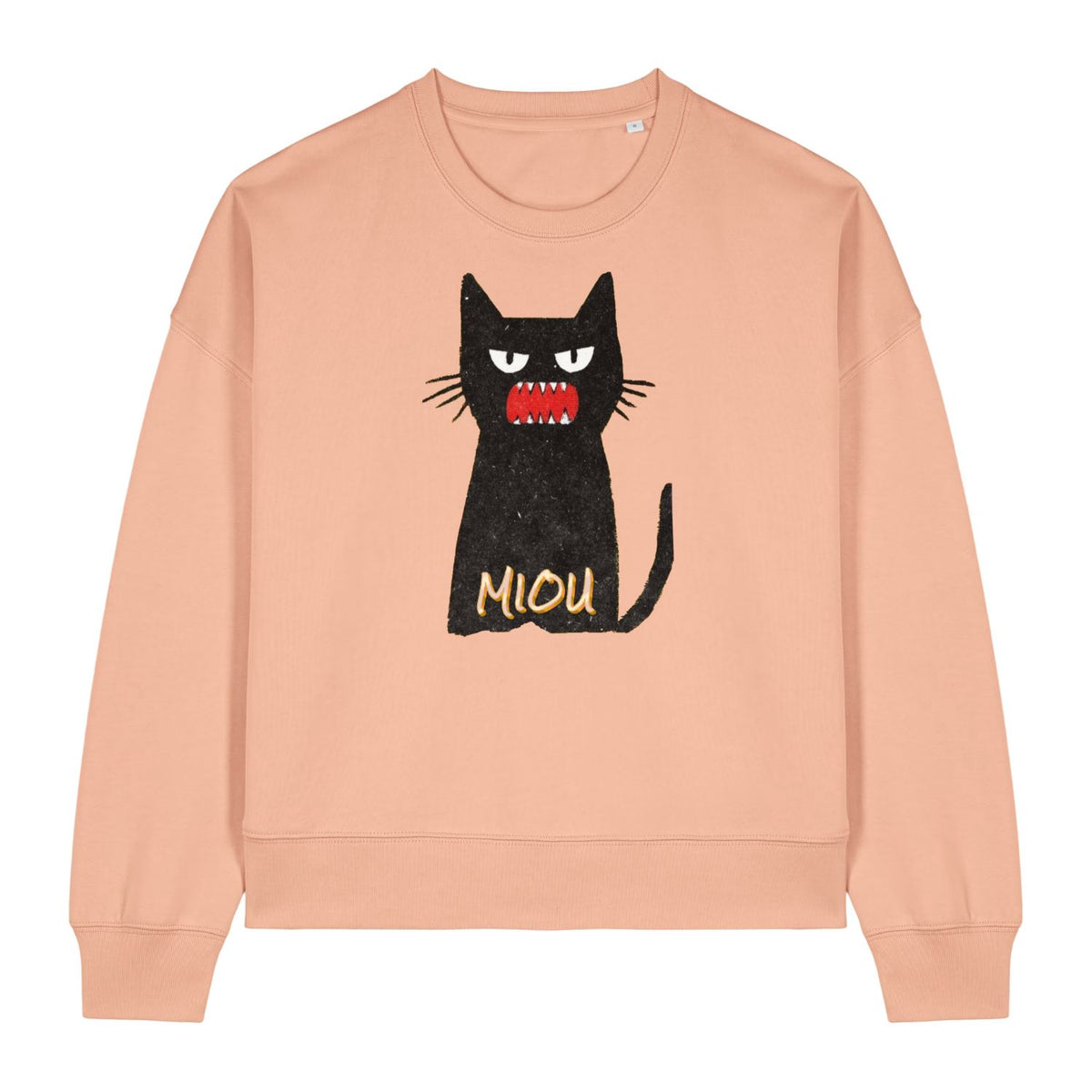 Stanley/Stella Beige sweatshirt with a black cat graphic and 'MIOU' text on a white background