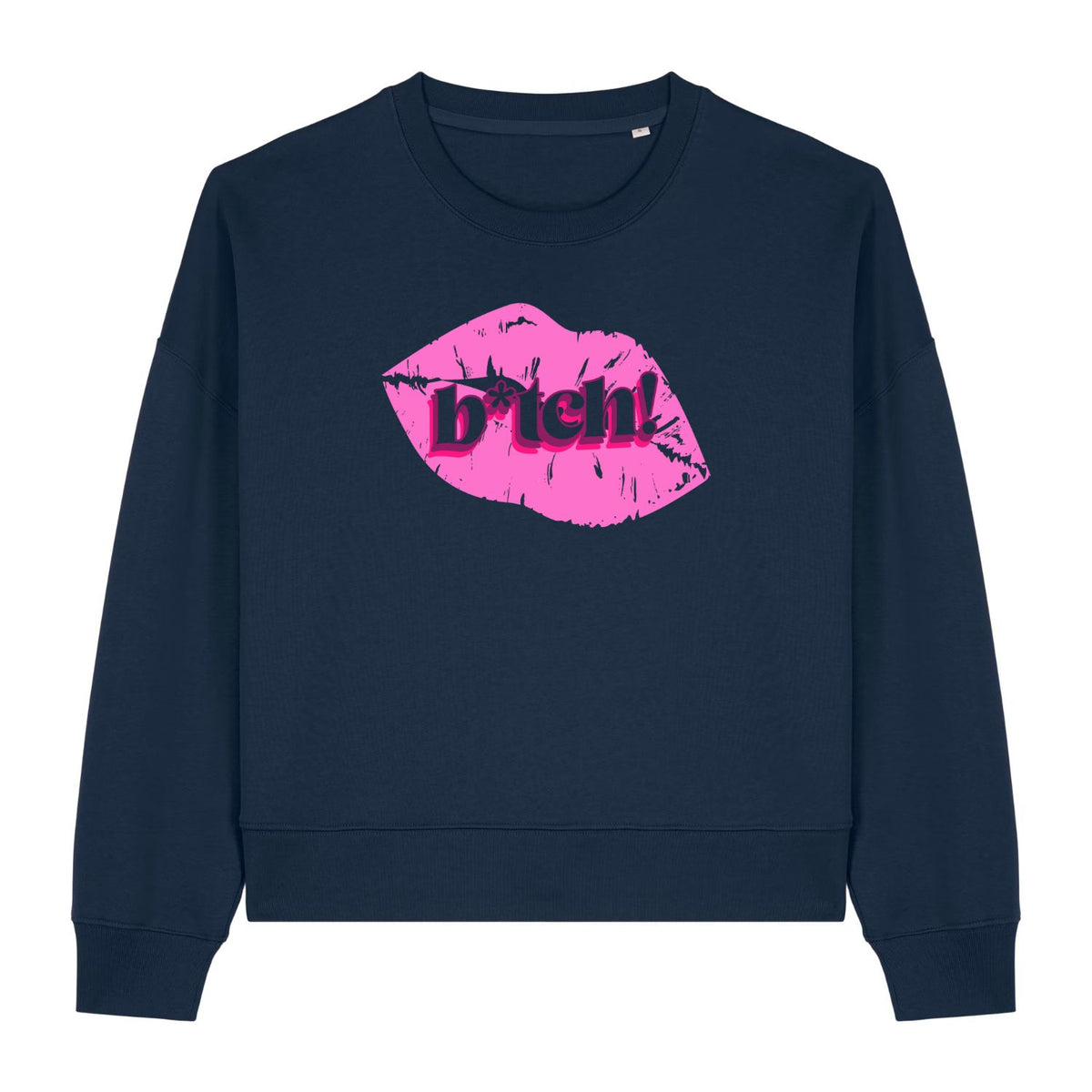 Stanley/Stella women's navy blue sweatshirt with pink lips graphic and 'Bitch!' text on a white background