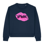 Stanley/Stella women's navy blue sweatshirt with pink lips graphic and 'Bitch!' text on a white background
