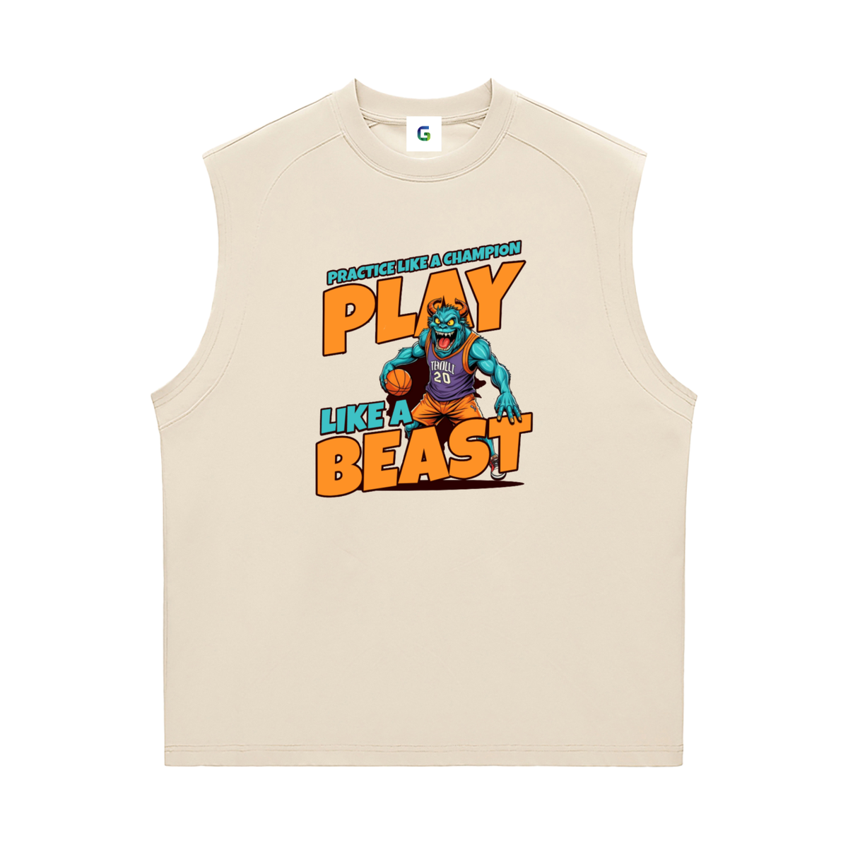A sleeveless crewneck tank top in beige, featuring a colorful graphic print of a blue-green cartoon gorilla basketball player with the text 'PLAY LIKE A BEAST'.