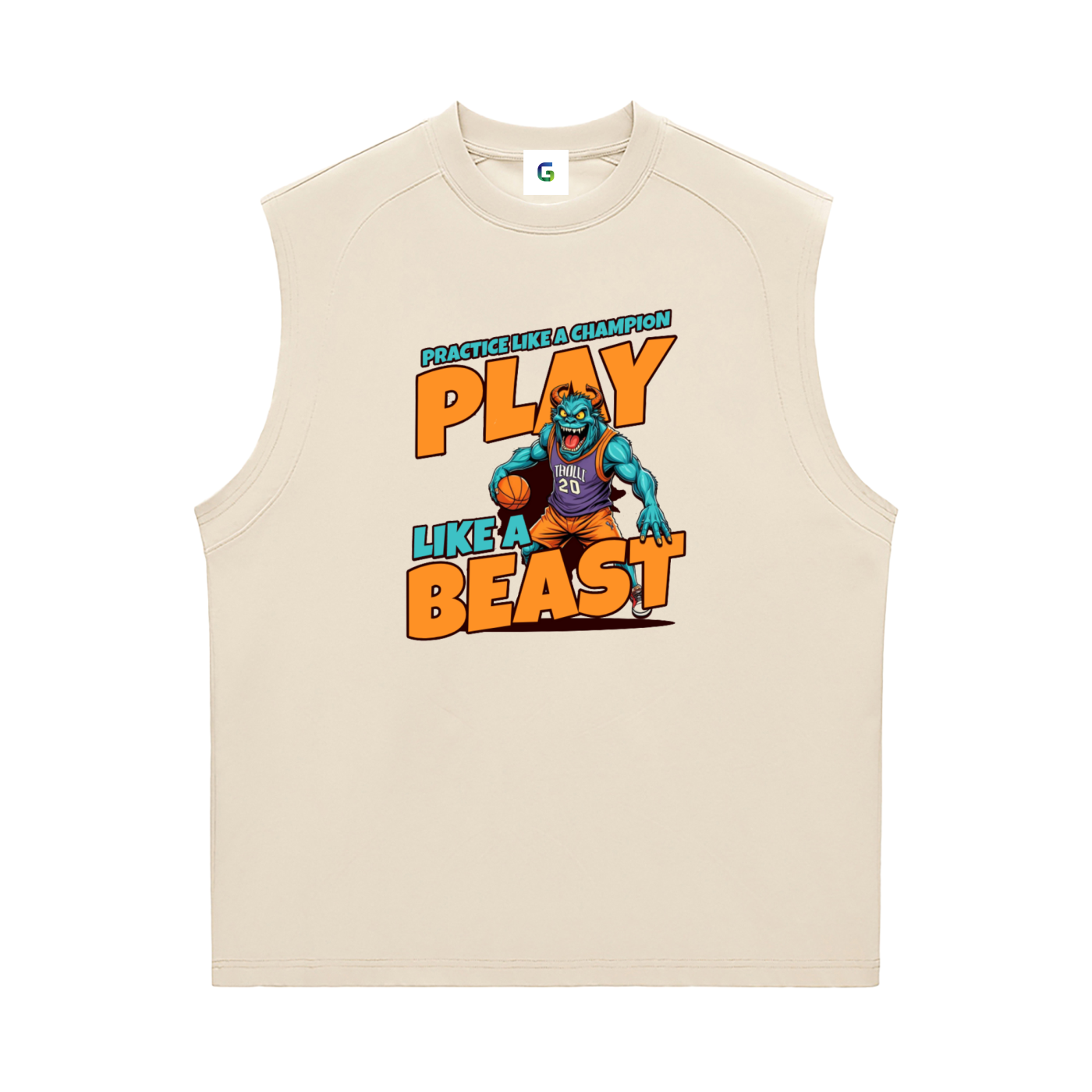 A sleeveless crewneck tank top in beige, featuring a colorful graphic print of a blue-green cartoon gorilla basketball player with the text 'PLAY LIKE A BEAST'.