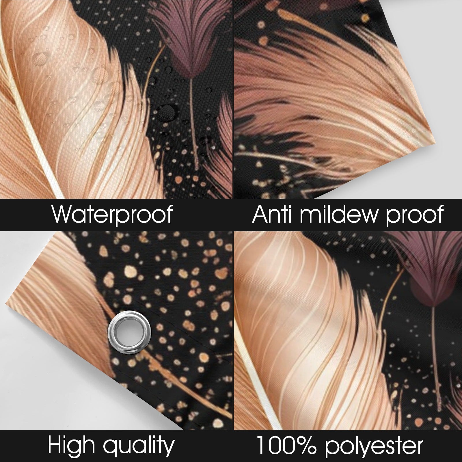 Textured surface with feather design, labeled as waterproof, anti-mildew proof, high quality, and 100% polyester.