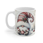 Mug with a Christmas-themed design featuring a gnome wearing a patterned hat on a white background.