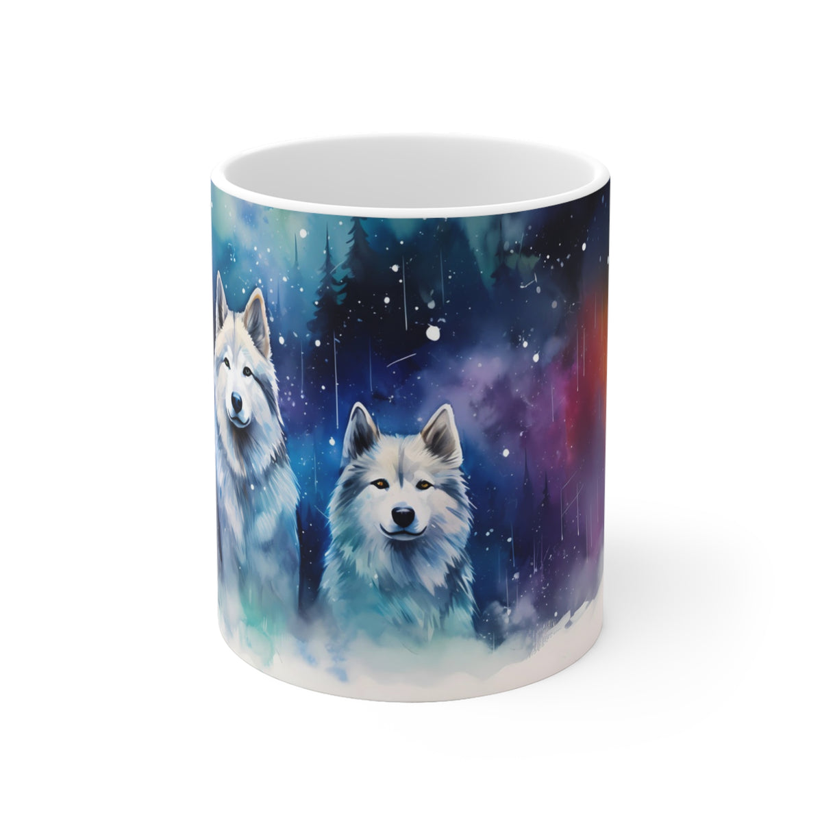 Mug with two huskies in a starry night sky design on a white background