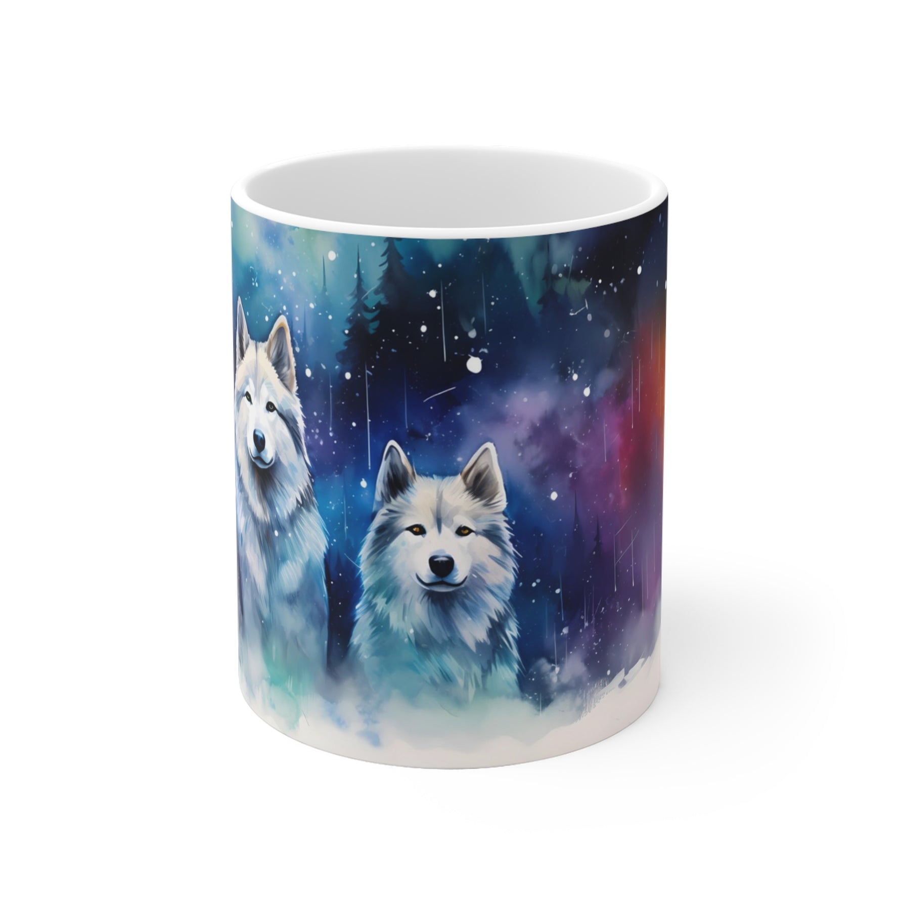 Mug with two huskies in a starry night sky design on a white background