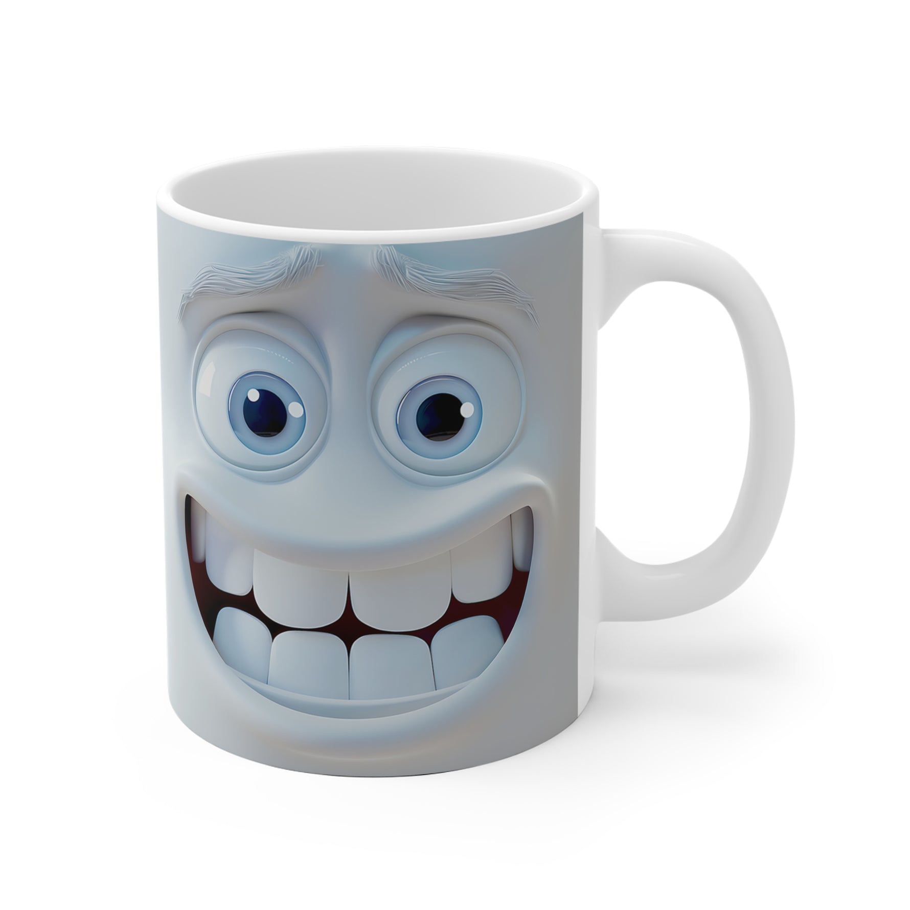 Mug with a cartoonish face design on a white background