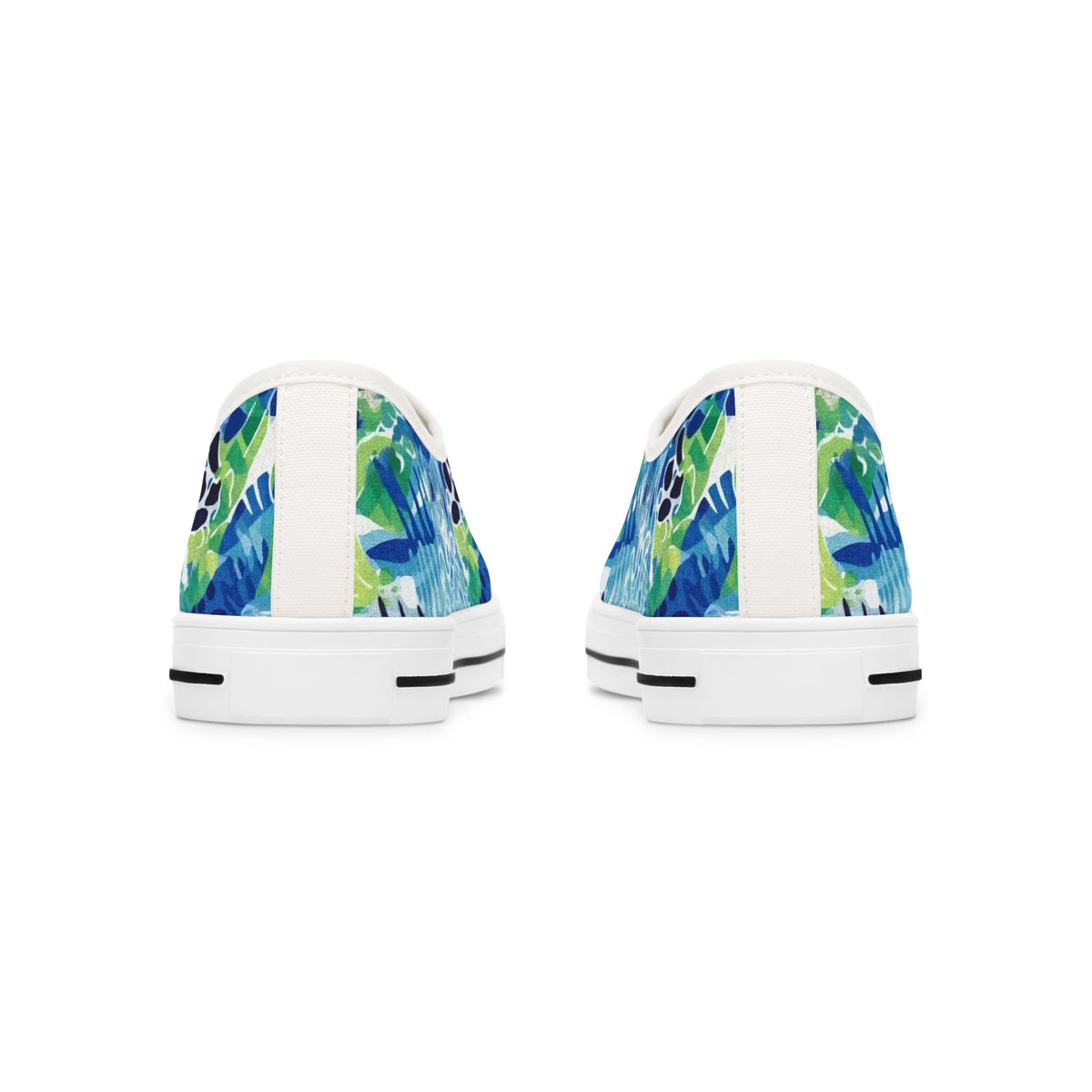 Pair of women's white sneakers with blue and green abstract pattern on a white background