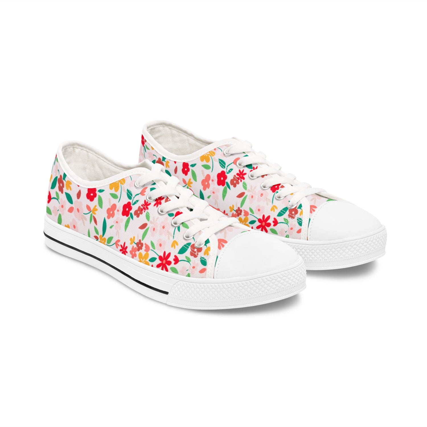 Womens White sneakers with colorful floral pattern on a white background