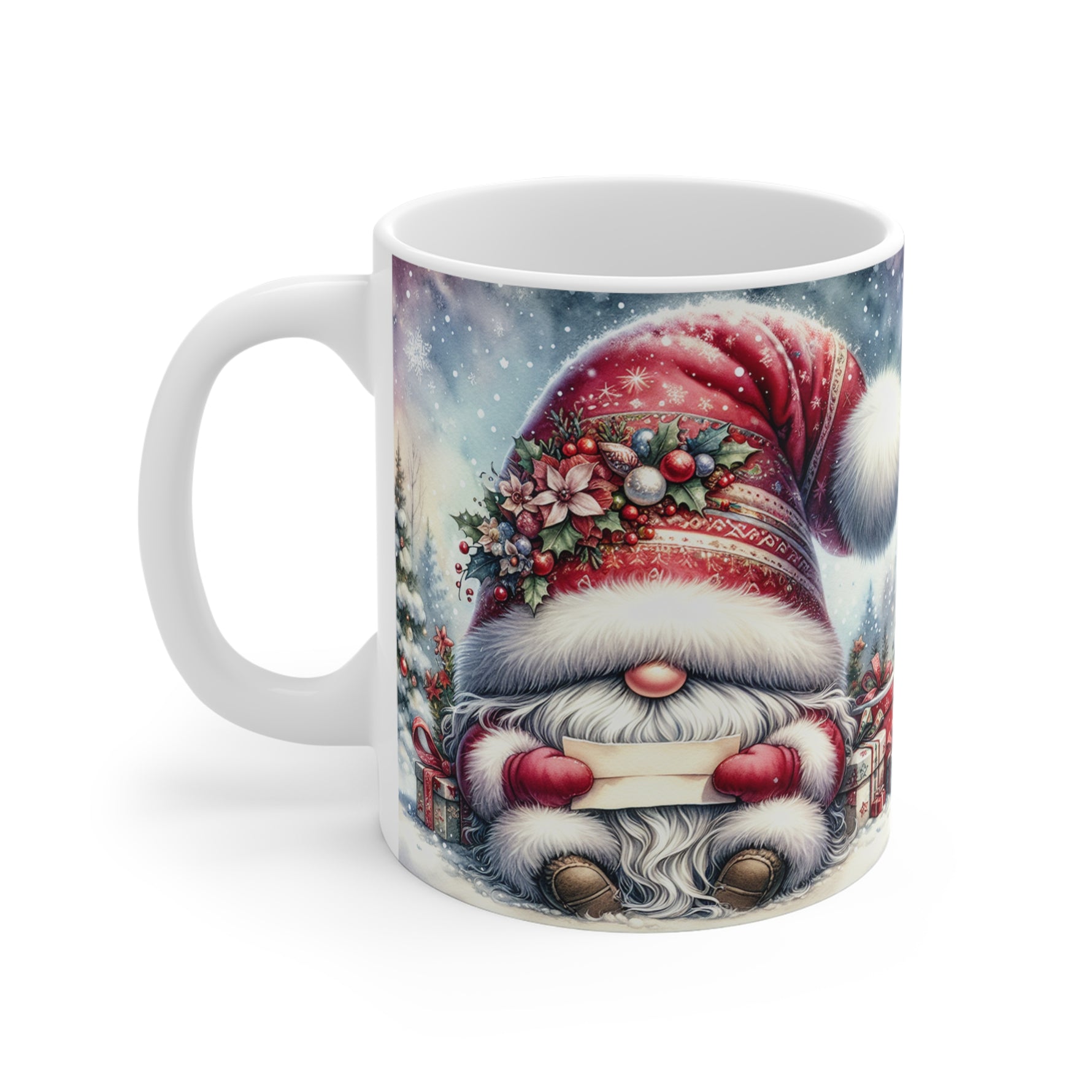 Mug with a festive gnome design on a white background