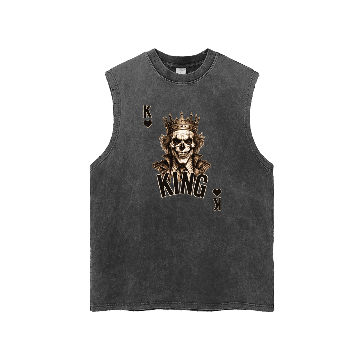 A sleeveless dark gray washed mens muscle tank top featuring a graphic of a crowned skull playing king, with the word 'KING' and heart suit icons printed on the front.
