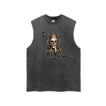 A sleeveless dark gray washed mens muscle tank top featuring a graphic of a crowned skull playing king, with the word 'KING' and heart suit icons printed on the front.