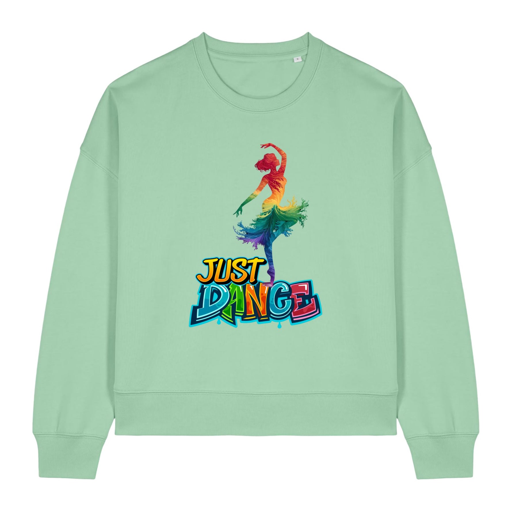 Light green sweatshirt with a colorful dancer graphic and 'Just Dance' text on a white background
