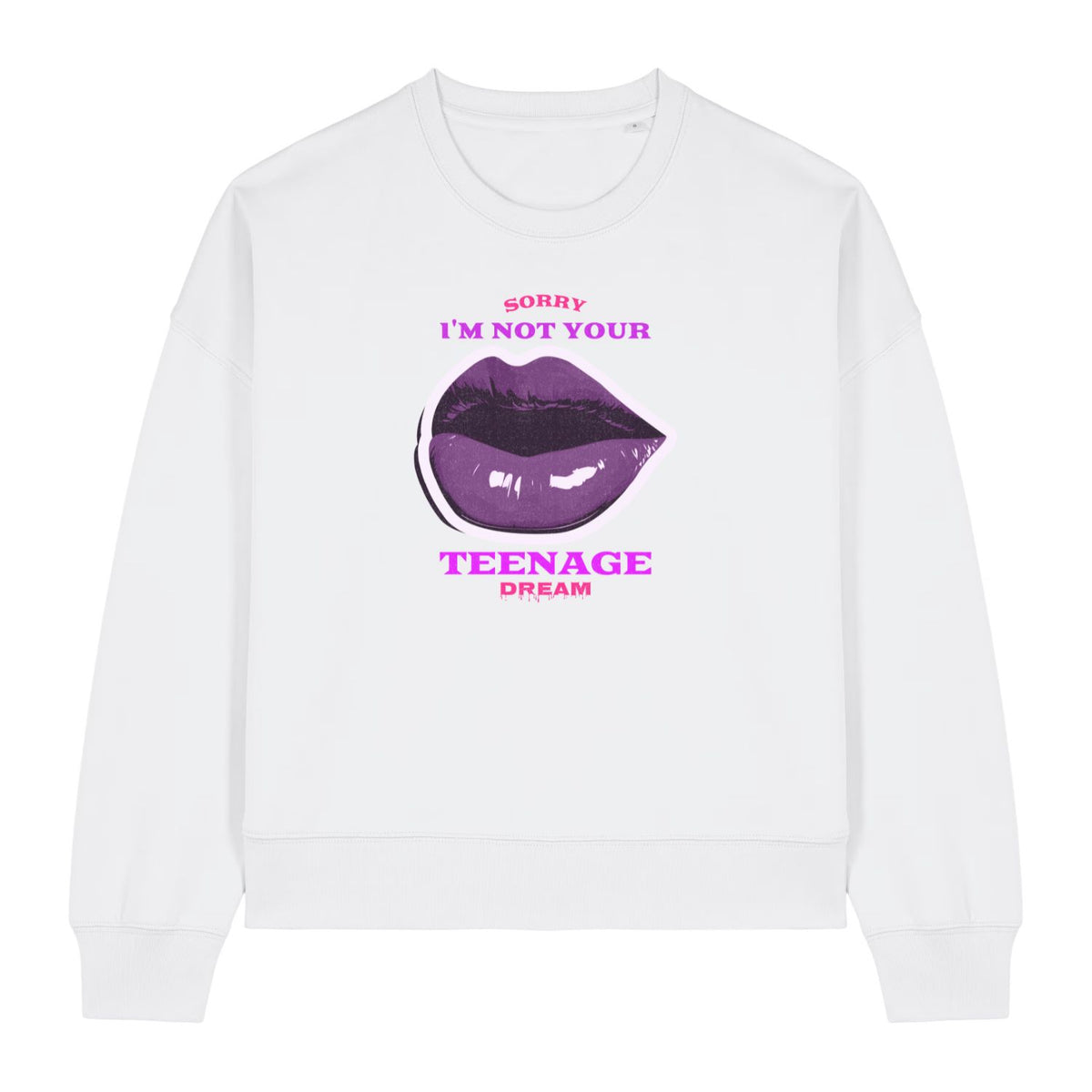 Stanley/Stella women's white sweatshirt with purple lips graphic and text on a white background