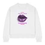 Stanley/Stella women's white sweatshirt with purple lips graphic and text on a white background