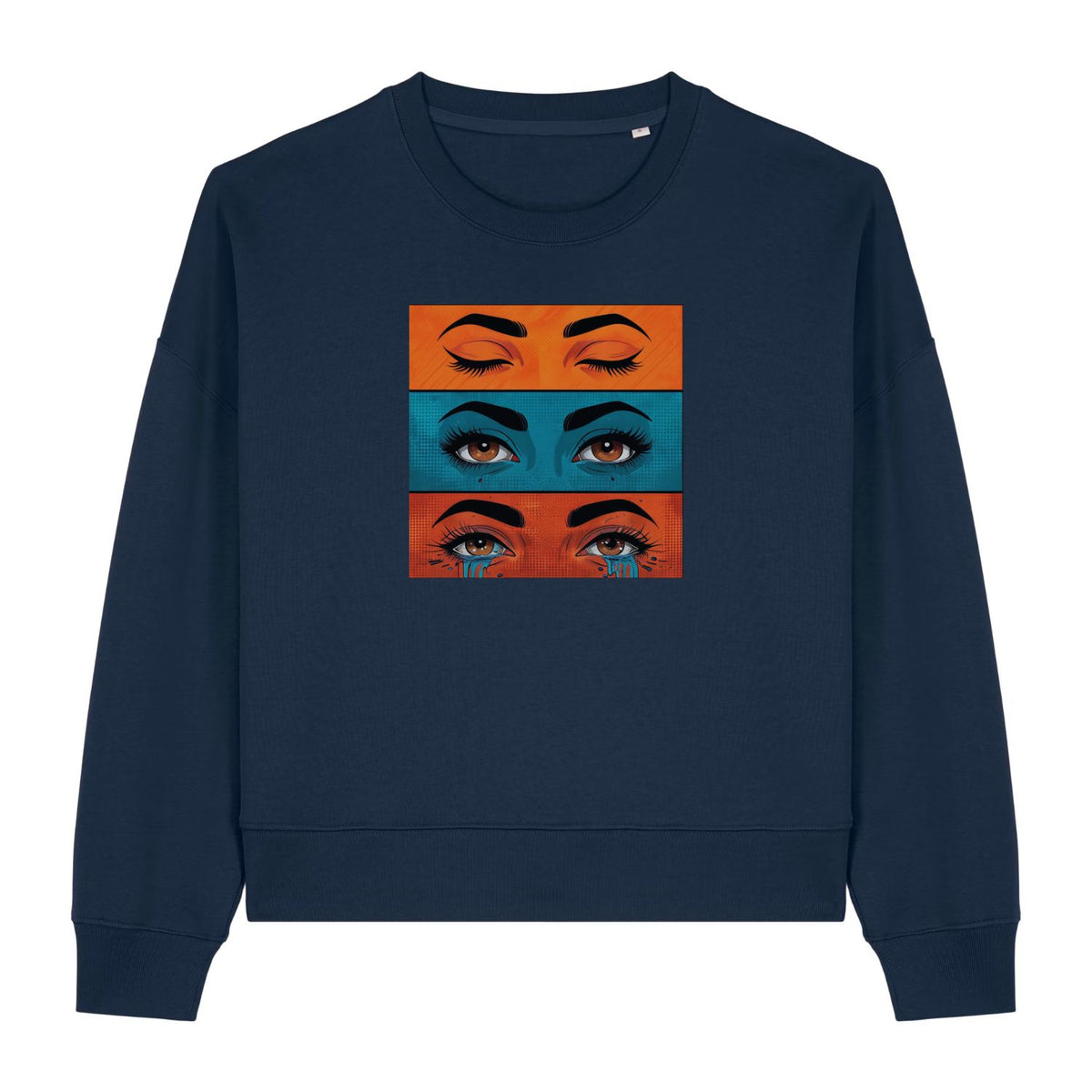Stanley/Stella Navy blue sweatshirt with eye design in orange, blue, and red on a white background