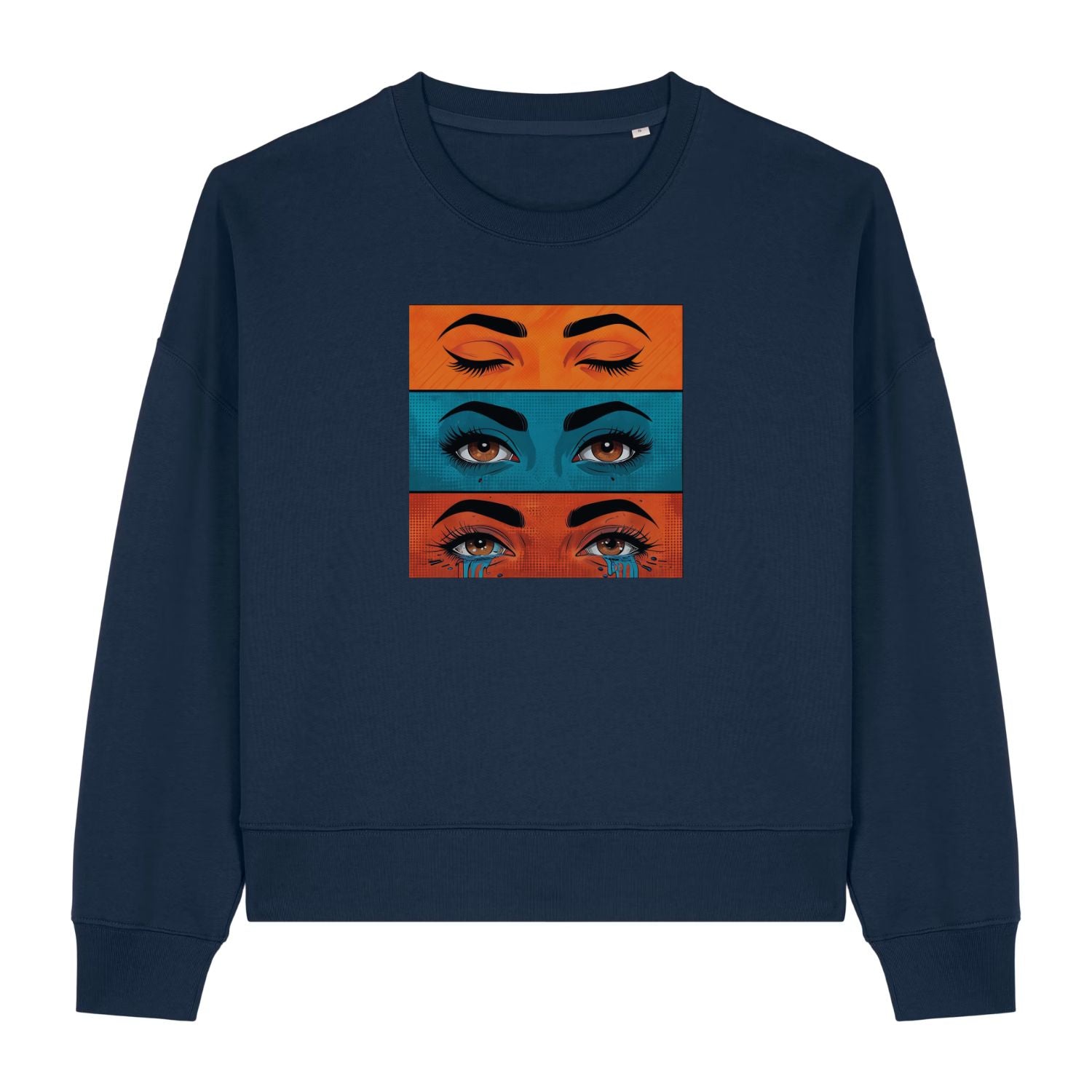 Stanley/Stella Navy blue sweatshirt with eye design in orange, blue, and red on a white background