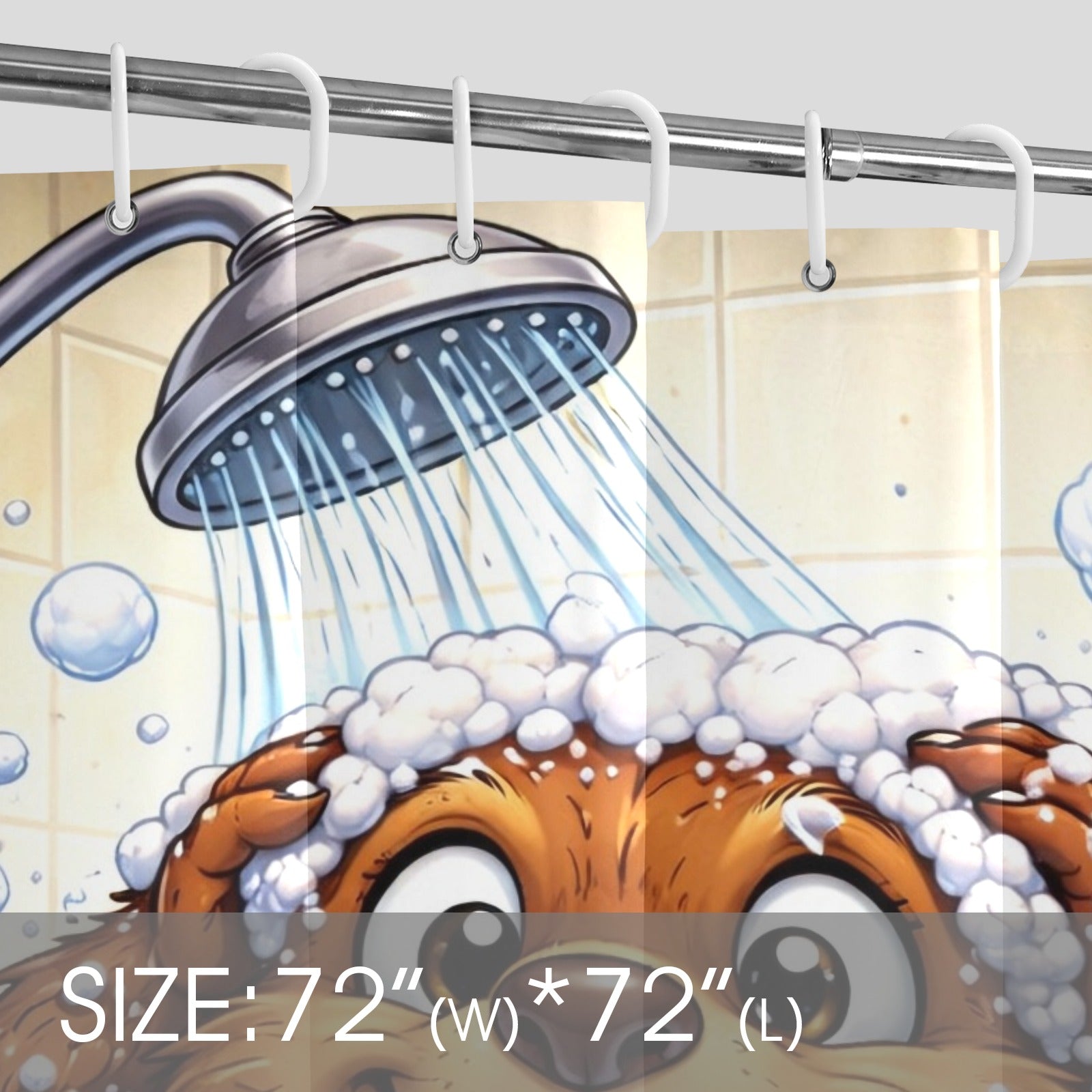 Cartoon dog taking a shower with a showerhead and water droplets, size 72"W x 72"L.