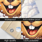 Cartoon character with text indicating waterproof, anti-mildew, high quality, and 100% polyester features.