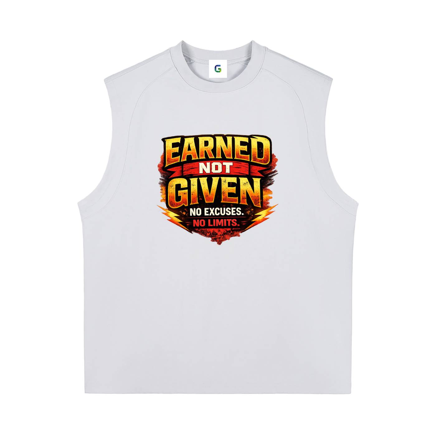 A sleeveless white mens athletic tank top featuring a bold graphic on the chest that reads 'EARNED NOT GIVEN NO EXCUSES. NO LIMITS.