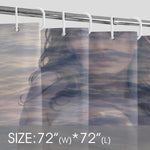 Shower curtain with a size label indicating 72 inches wide and long.