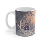 Mug with a winter landscape design featuring trees and snow on a white background