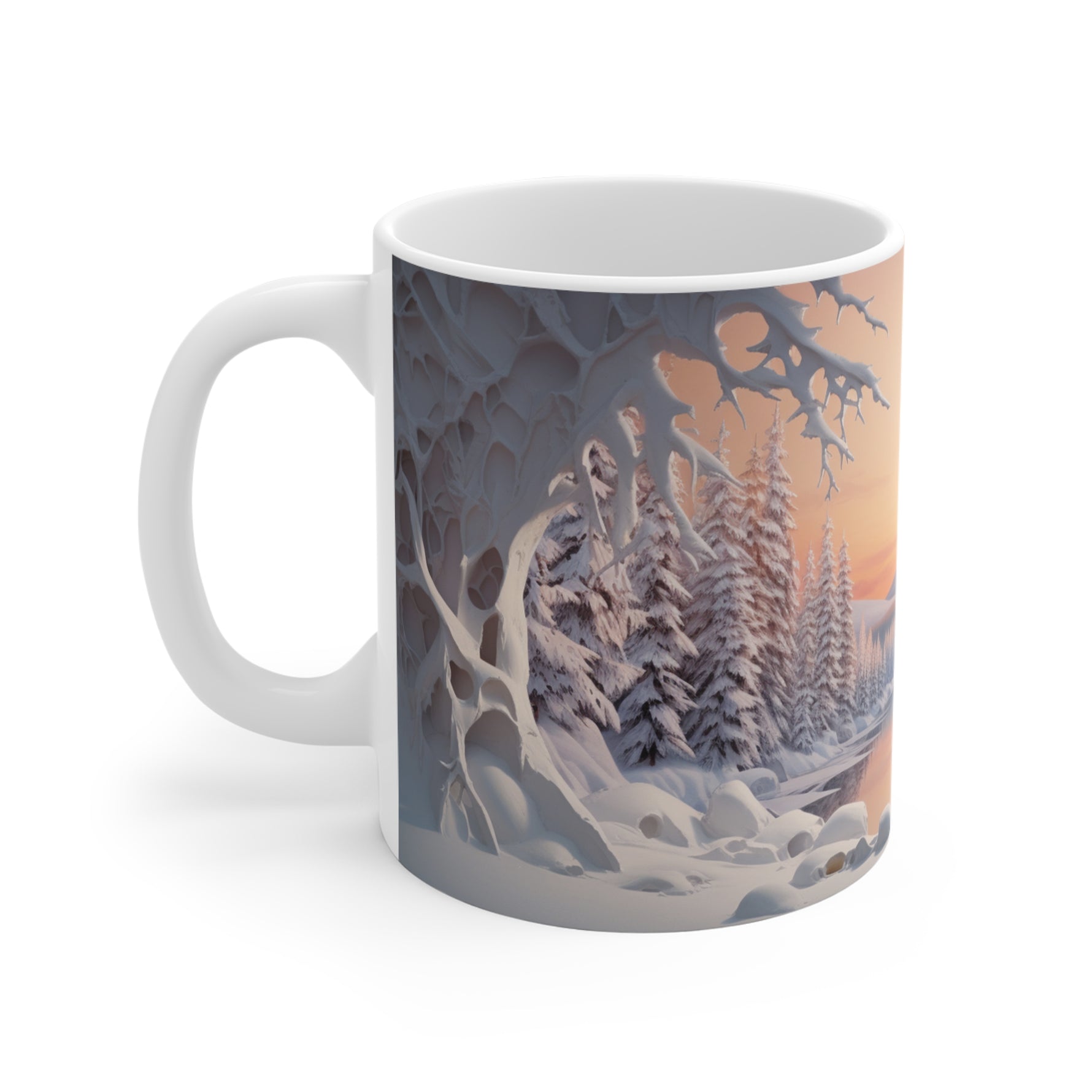 Mug with a winter landscape design featuring trees and snow on a white background