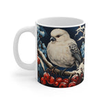 white Mug with a bird and berry design on a white background