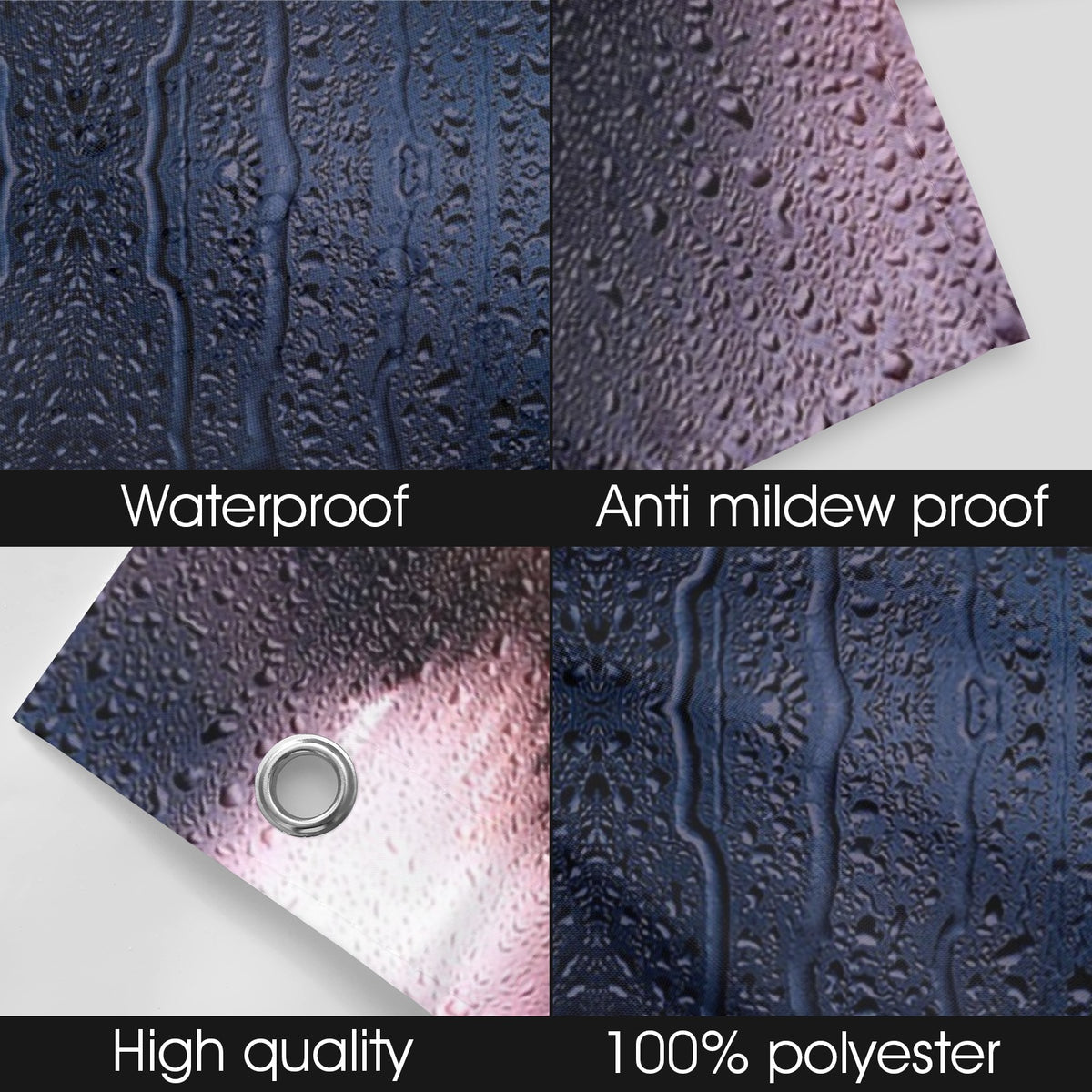 Textured fabric with waterproof and anti-mildew properties, displayed against a white background.