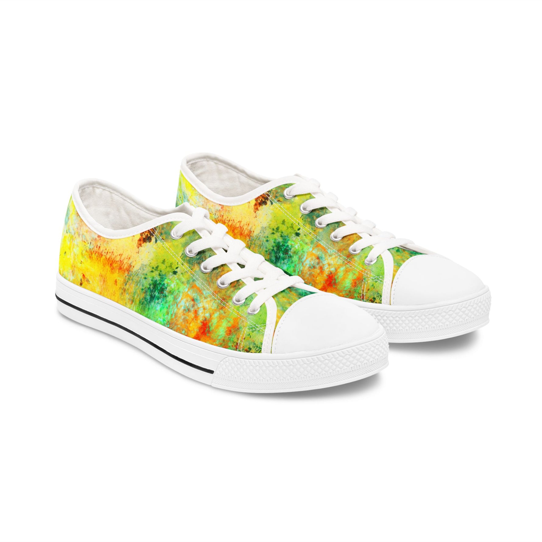 Colorful tie-dye low-top sneakers with white soles on a white background