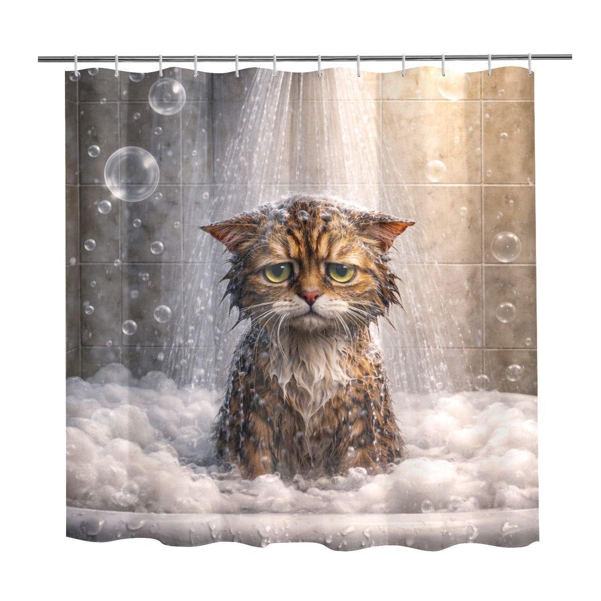 Shower curtain with a cat in a bathtub design, featuring water droplets and bubbles.