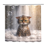 Shower curtain with a cat in a bathtub design, featuring water droplets and bubbles.