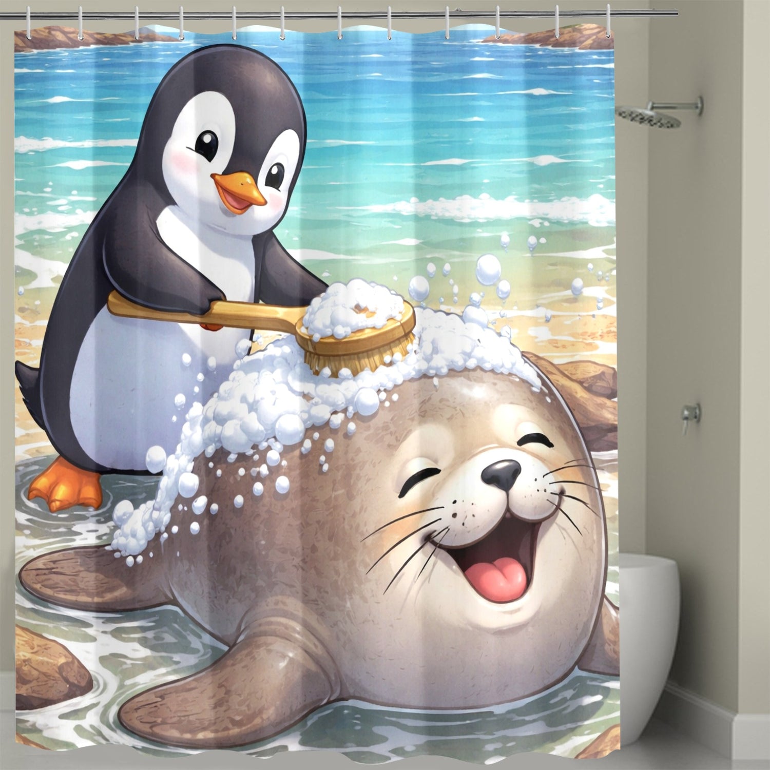 Funny Penguin Washing Seal Shower Curtain