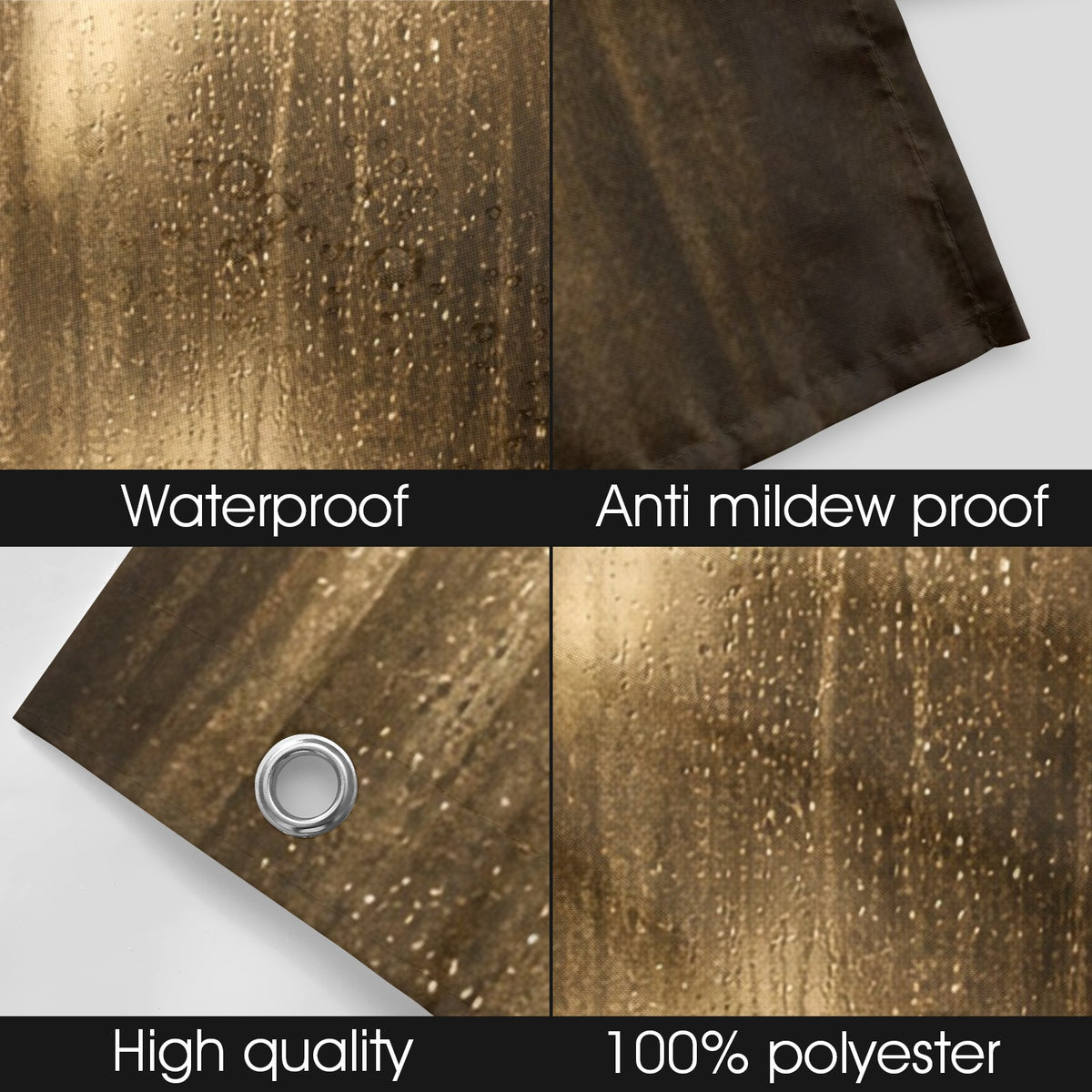 Textured brown fabric with waterproof, anti-mildew proof, high quality, and 100% polyester labels.