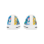 Pair of womens sneakers with colorful abstract design on a white background