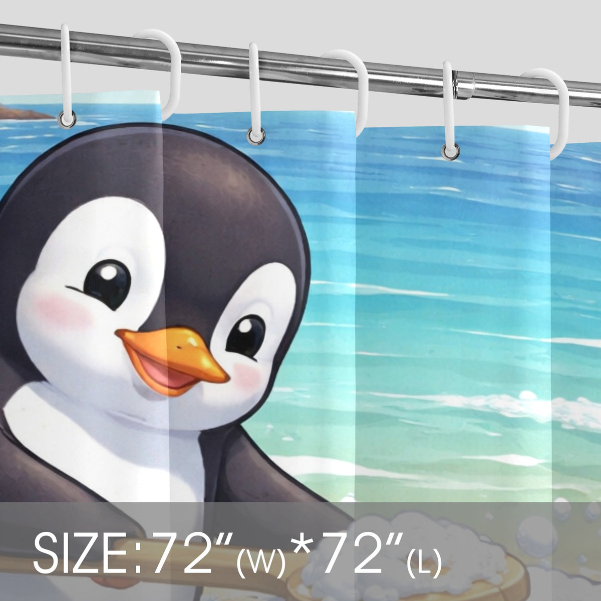 Shower curtain with a penguin design and size label