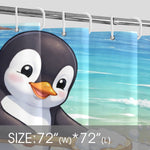 Shower curtain with a penguin design and size label