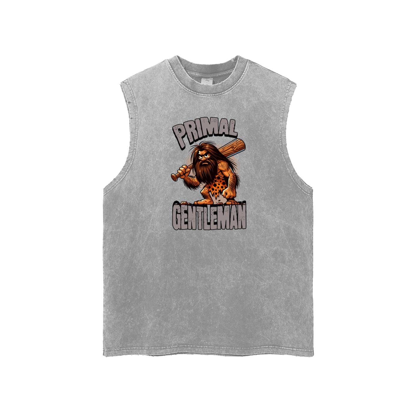 Gray sleeveless shirt with a graphic design of a caveman holding a club and text 'Primal Gentleman' on a white background.