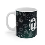 Mug with tea-themed illustrations on a black background
