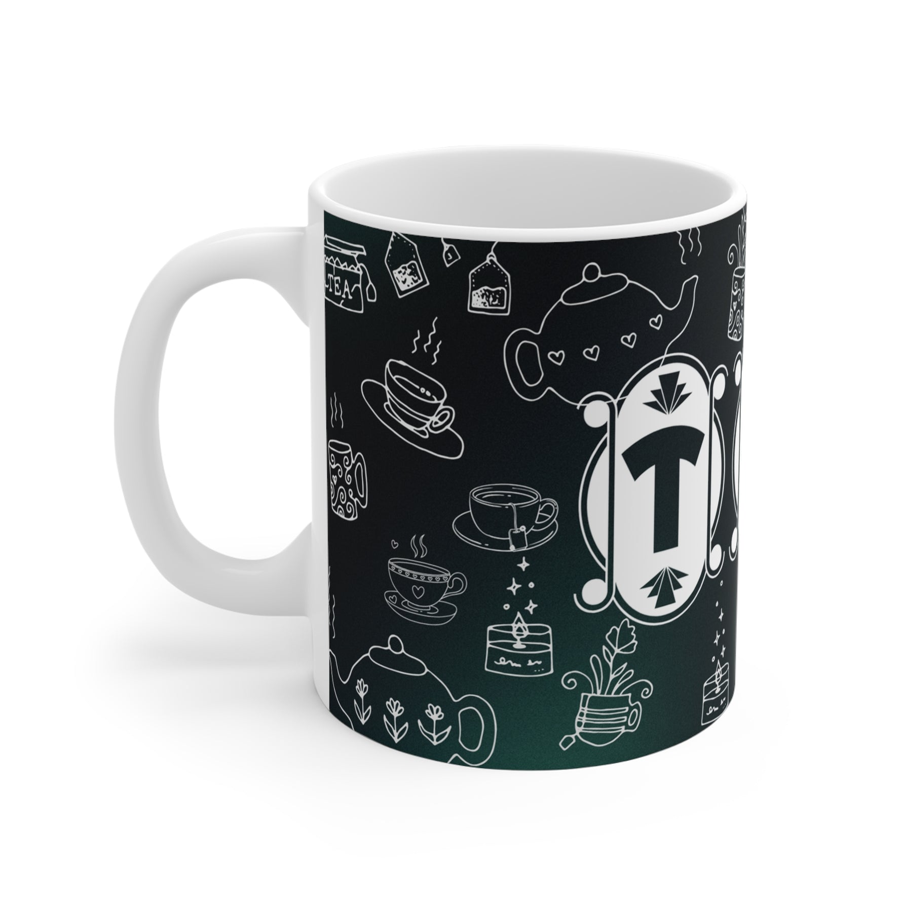 Mug with tea-themed illustrations on a black background