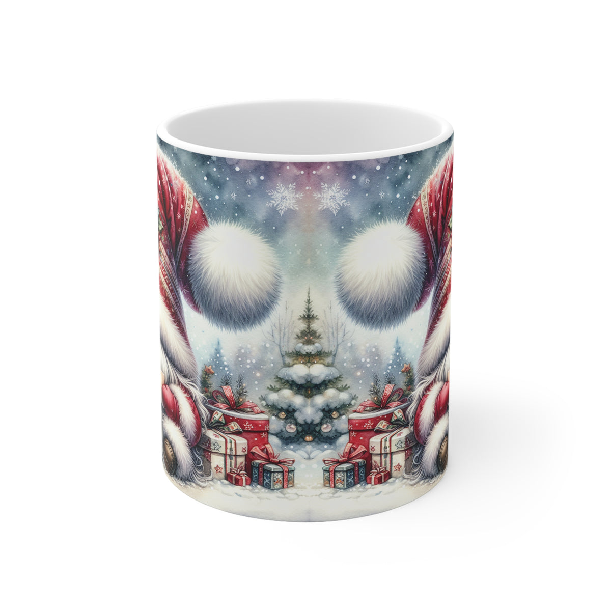 Mug with a Christmas-themed design featuring a snowy village and candy canes.