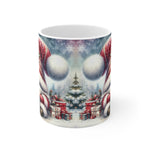 Mug with a Christmas-themed design featuring a snowy village and candy canes.