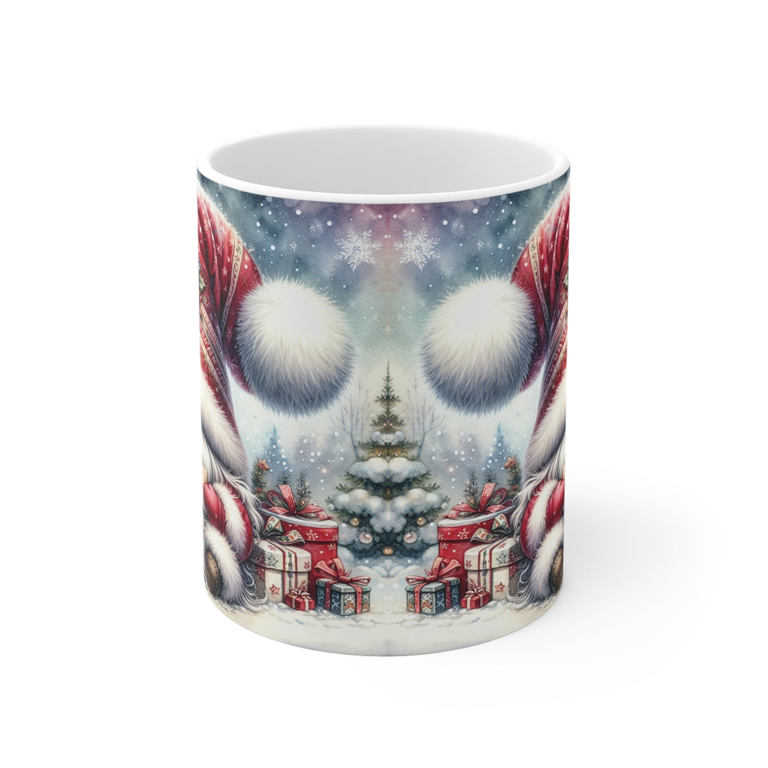 Mug with a Christmas-themed design featuring a snowy village and candy canes.