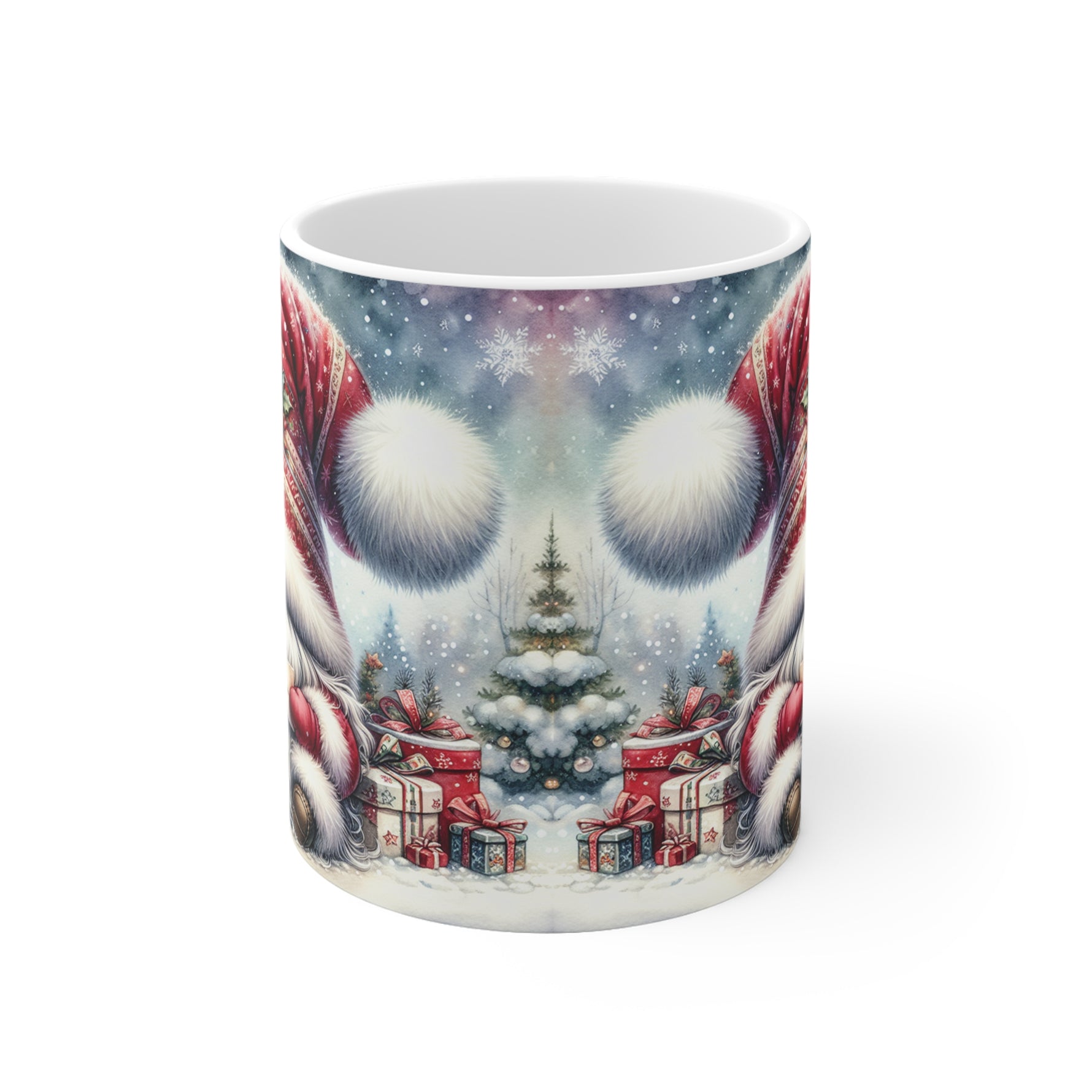 Mug with a Christmas-themed design featuring a snowy village and candy canes.