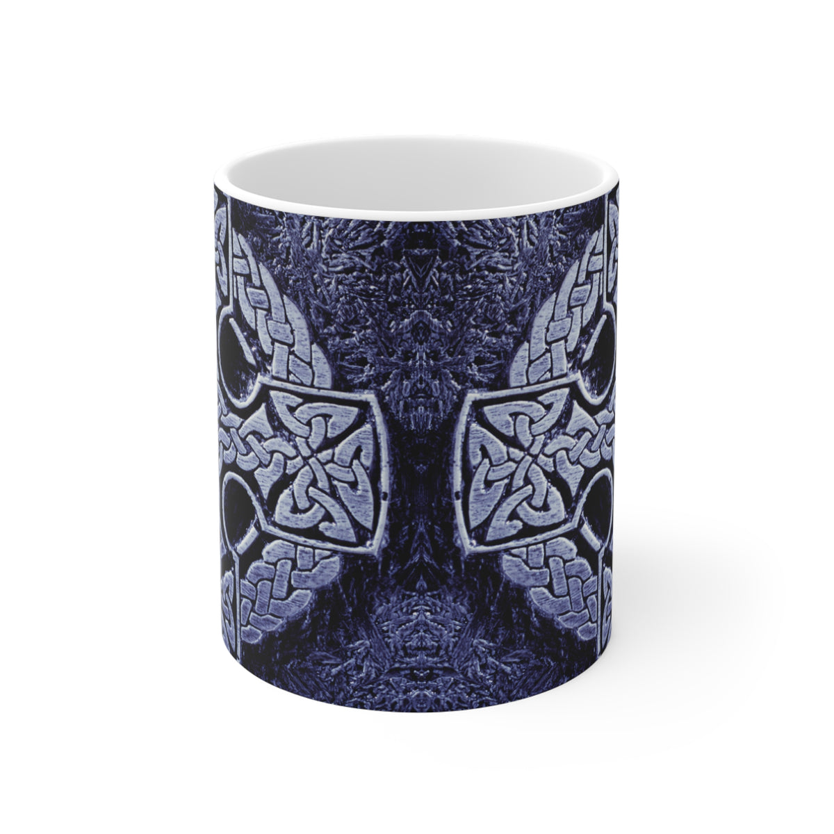 Ceramic mug with Celtic cross design on a white background