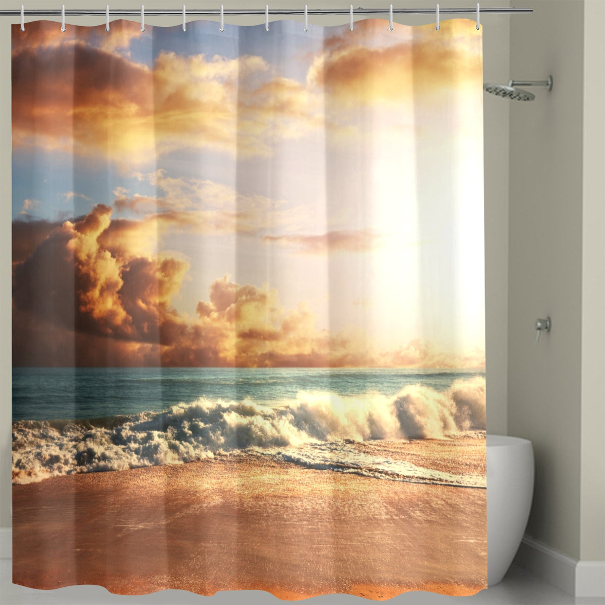 Shower curtain with beach and sunset design hanging in a bathroom.