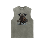 A sleeveless crewneck tank top in a washed, mineral-washed olive green, featuring a graphic print of a Viking warrior with an axe, shield, wolf, and flying ravens on the front.